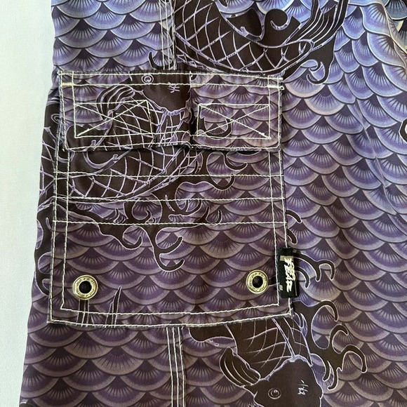 No Fear Board Shorts Mens Size 38 Tie Pockets Unlined Purple Fish scale EUC - Picture 3 of 9